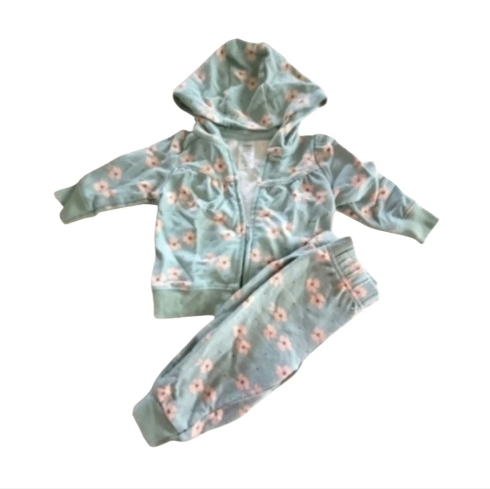 Nwot Carters Pale Blue Pink Floral Hoodie Sweatpants Lounge Set Size 0/6 Months